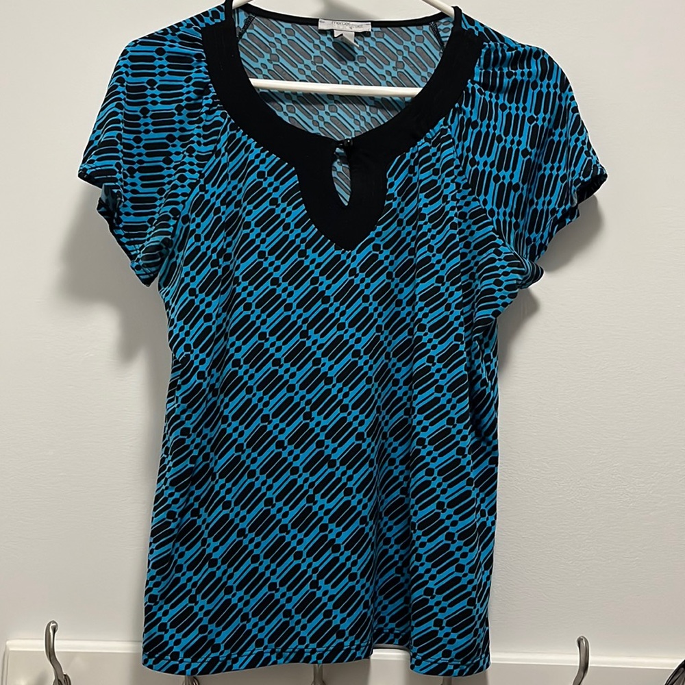 Black and blue patterned blouse, Mercer street studio